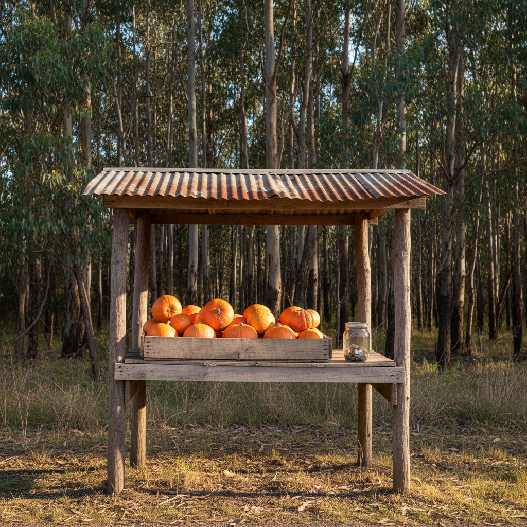 An honesty box roadside stall on a country verge, a crate of pumpkins and a jar for coins under a tin roof, gum trees behind, square framing, no people, no text, no signage