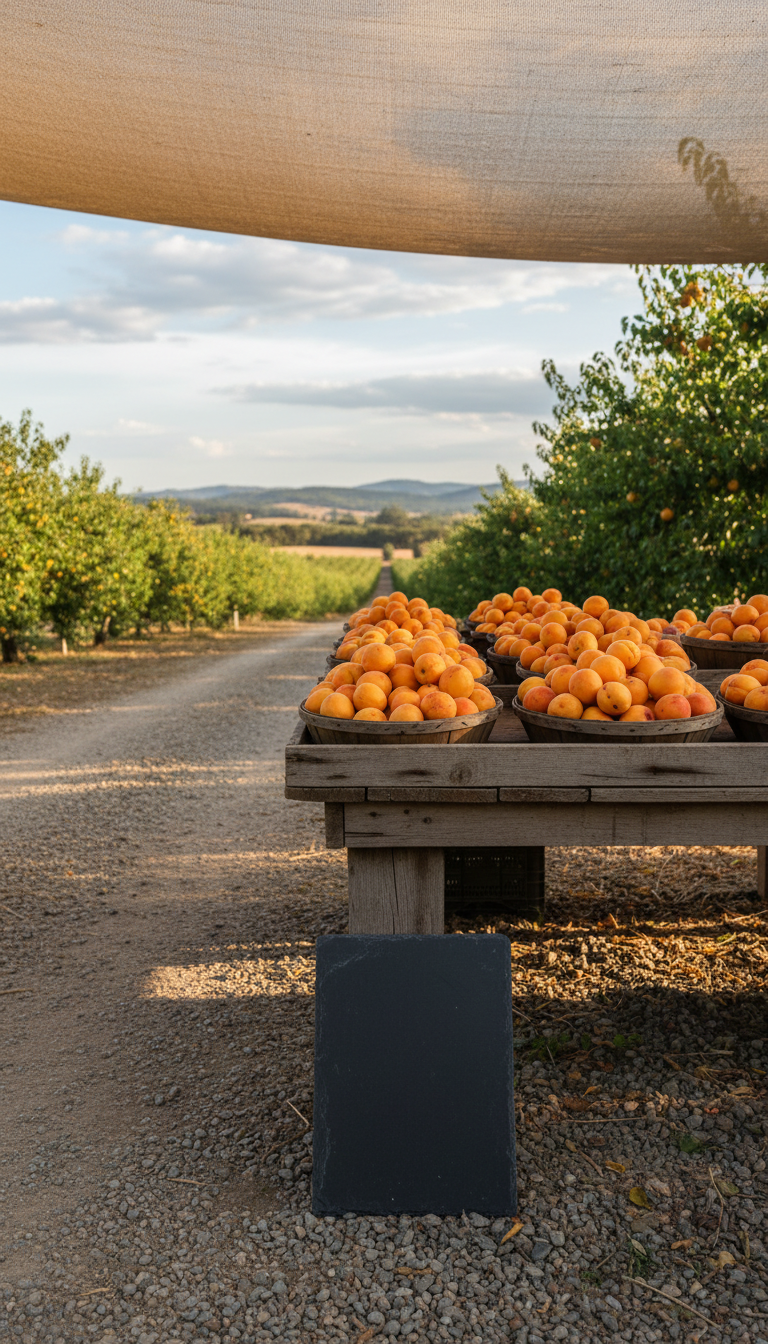 A stone fruit stall at a farm gate on a gravel driveway, wooden trays of apricots under a shade cloth with a hand written slate leaning against the leg, tall vertical framing, no people, no text, no signage