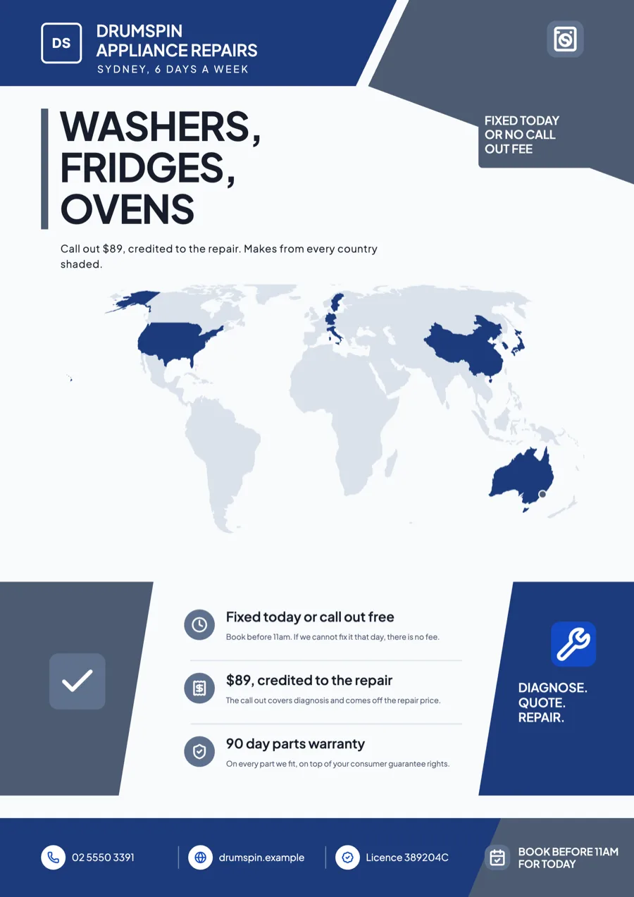 Appliance repair flyer with a call out fee and the makes fixed example