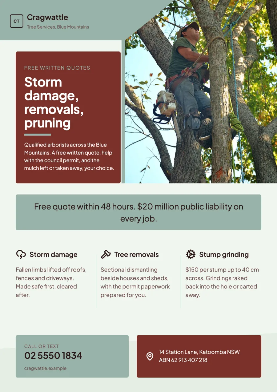 Tree removal flyer example for an arborist in the Blue Mountains example