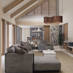 bright timber interior living room with large window