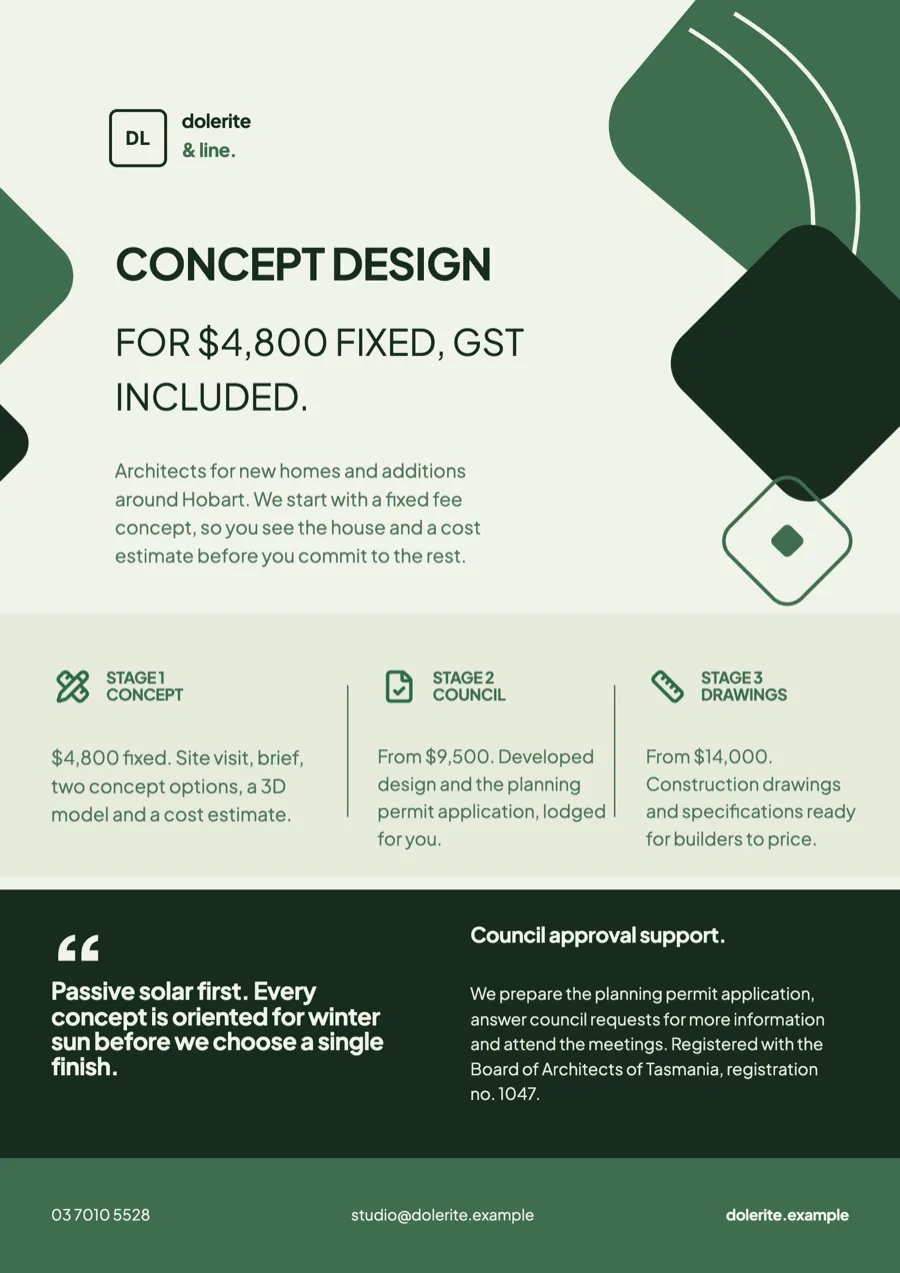 Architect flyer with a fixed fee concept stage example