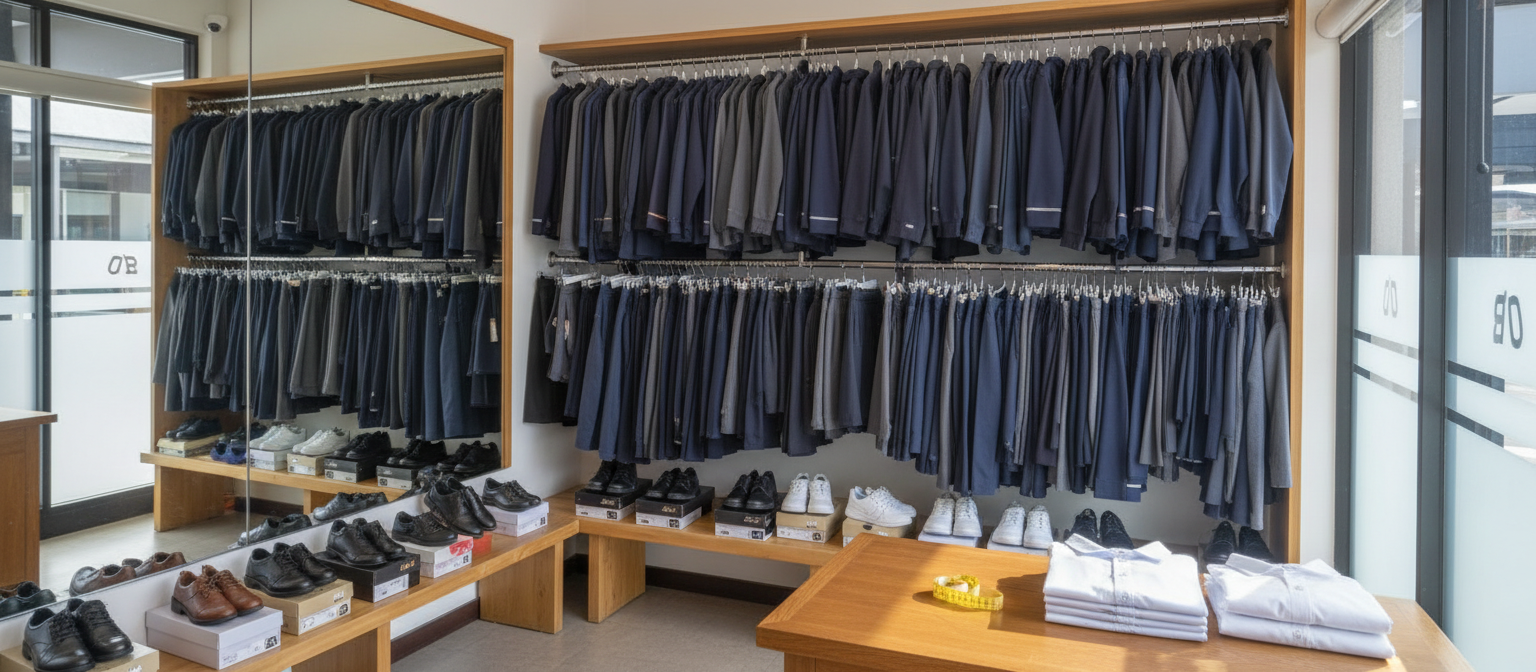 The fitting corner of a school uniform shop, a mirrored wall beside packed rails of navy and grey tunics and shorts, a low timber bench with open shoe boxes and a tape measure on the counter, morning light through the shopfront, wide horizontal framing, no people, no text, no signage