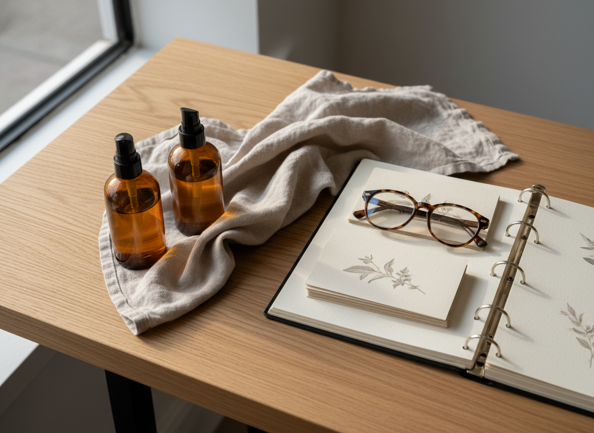 A close overhead view of a shop counter with three unlabelled amber glass skincare bottles beside an open ring binder of printed cards, a pair of reading glasses and a linen cloth on pale oak, soft window light, no people, no text, no signage