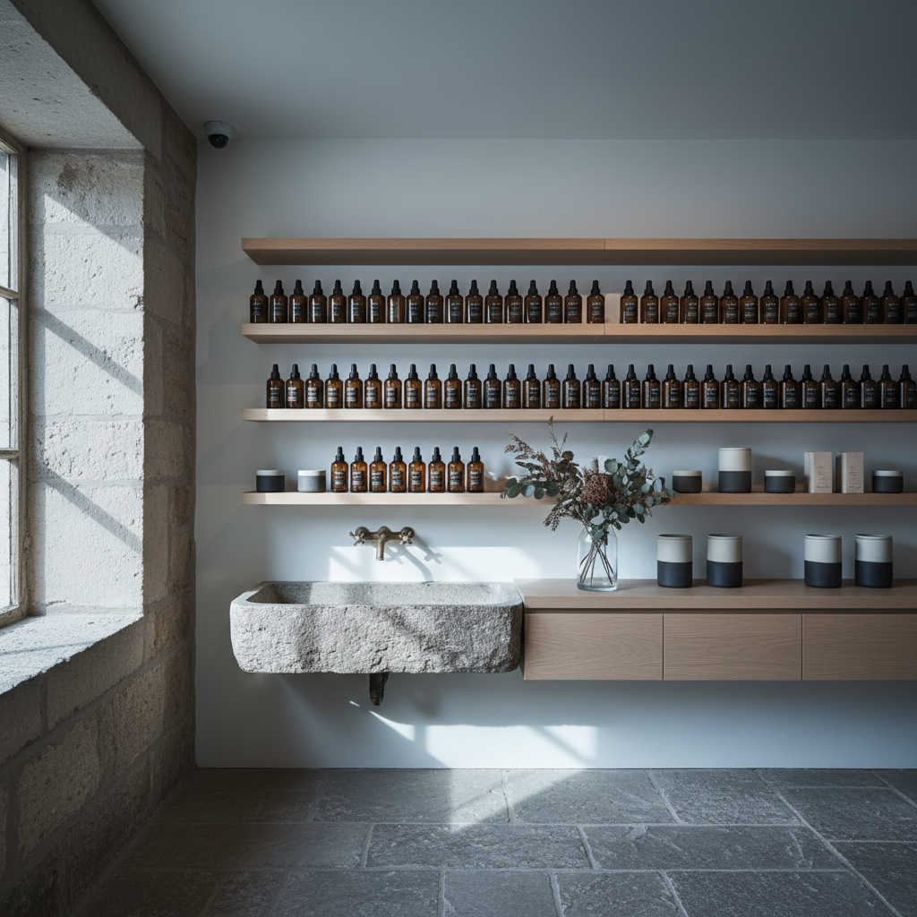A skincare shop interior with pale oak shelving carrying rows of amber glass bottles and ceramic jars, a stone basin with a brass tap, dried eucalyptus in a vase, cool winter daylight through a sandstone window reveal, square framing, no people, no text, no signage