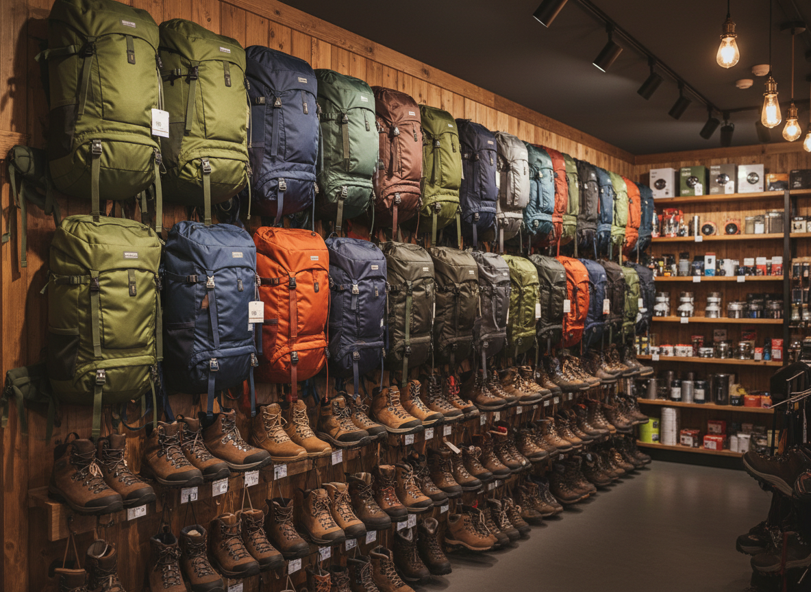 A wall of hiking backpacks and hanging leather boots inside an outdoor gear shop, warm shop lighting, shelves of camping stoves softly out of focus behind, no people, no text, no signage