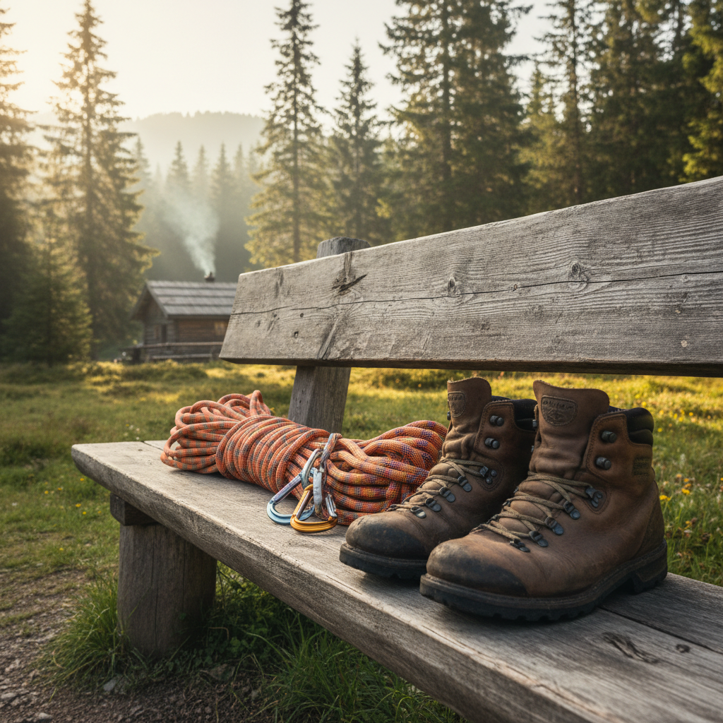 A pair of worn leather hiking boots and a coiled climbing rope on a weathered timber bench outside a mountain hut, morning light, pine forest behind, square framing, no people, no text, no signage