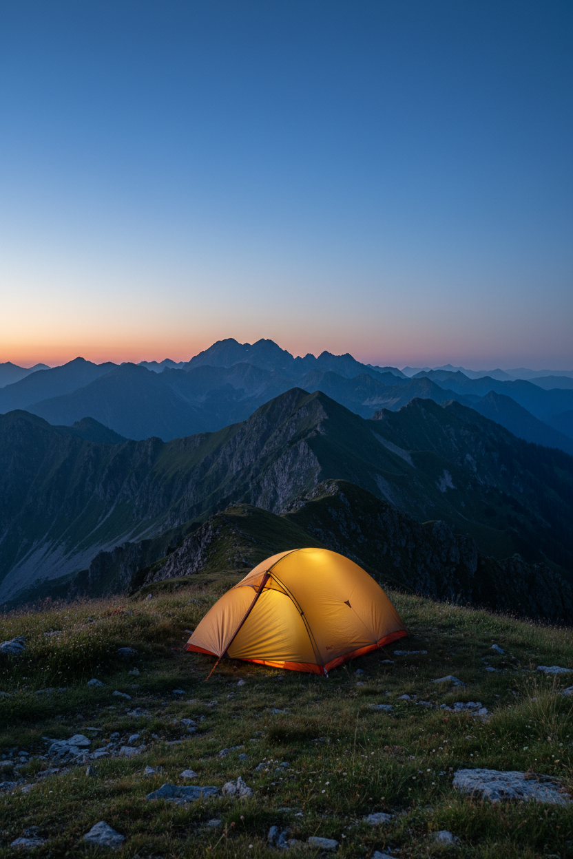 A two person hiking tent pitched on a grassy ridge at dusk, warm light glowing through the fabric, mountain ridgelines and a deep blue sky behind, tall vertical framing, no people, no text, no signage