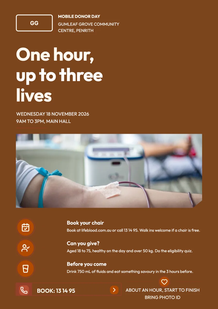 Blood drive flyer with session times and eligibility example