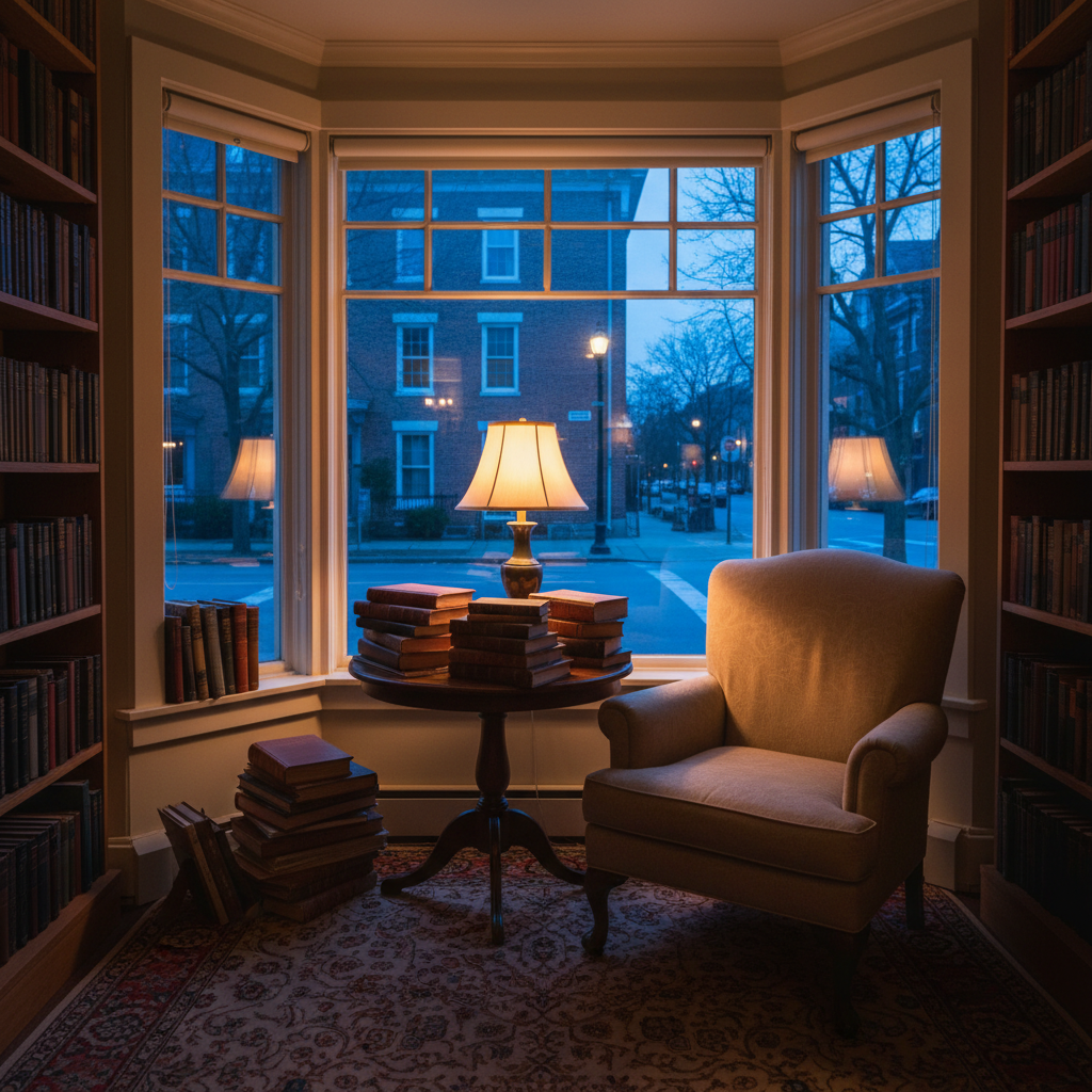 A tall bay window of a corner bookshop seen from inside at dusk, a reading chair and a low table stacked with hardbacks in the window bay, warm interior lamplight against the blue street outside, square framing, no people, no text, no signage