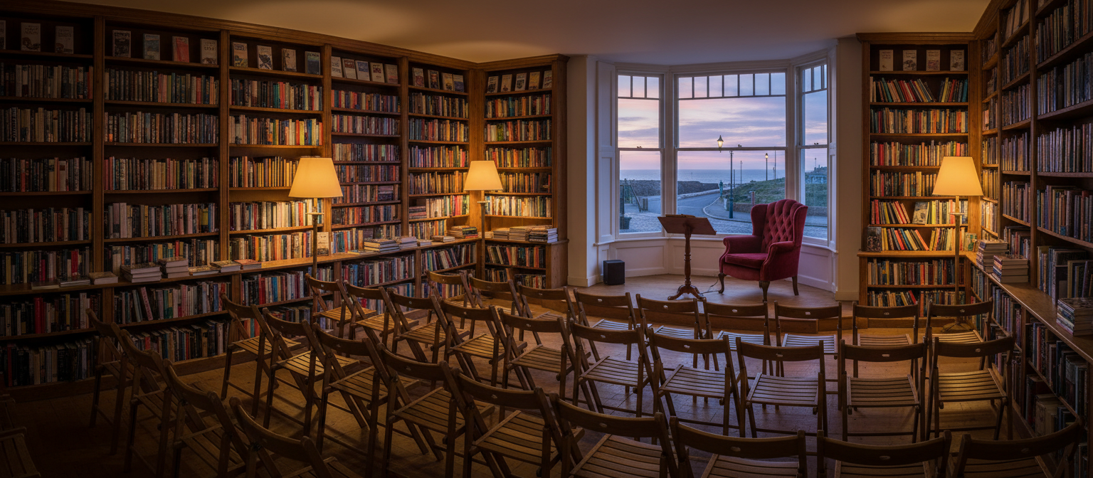 The upstairs room of an independent bookshop set for a reading, rows of folding chairs facing a small lectern and a wingback armchair, floor to ceiling shelves of books on three walls, a bay window over a coastal street at dusk, warm lamp light, wide horizontal framing, no people, no text, no signage