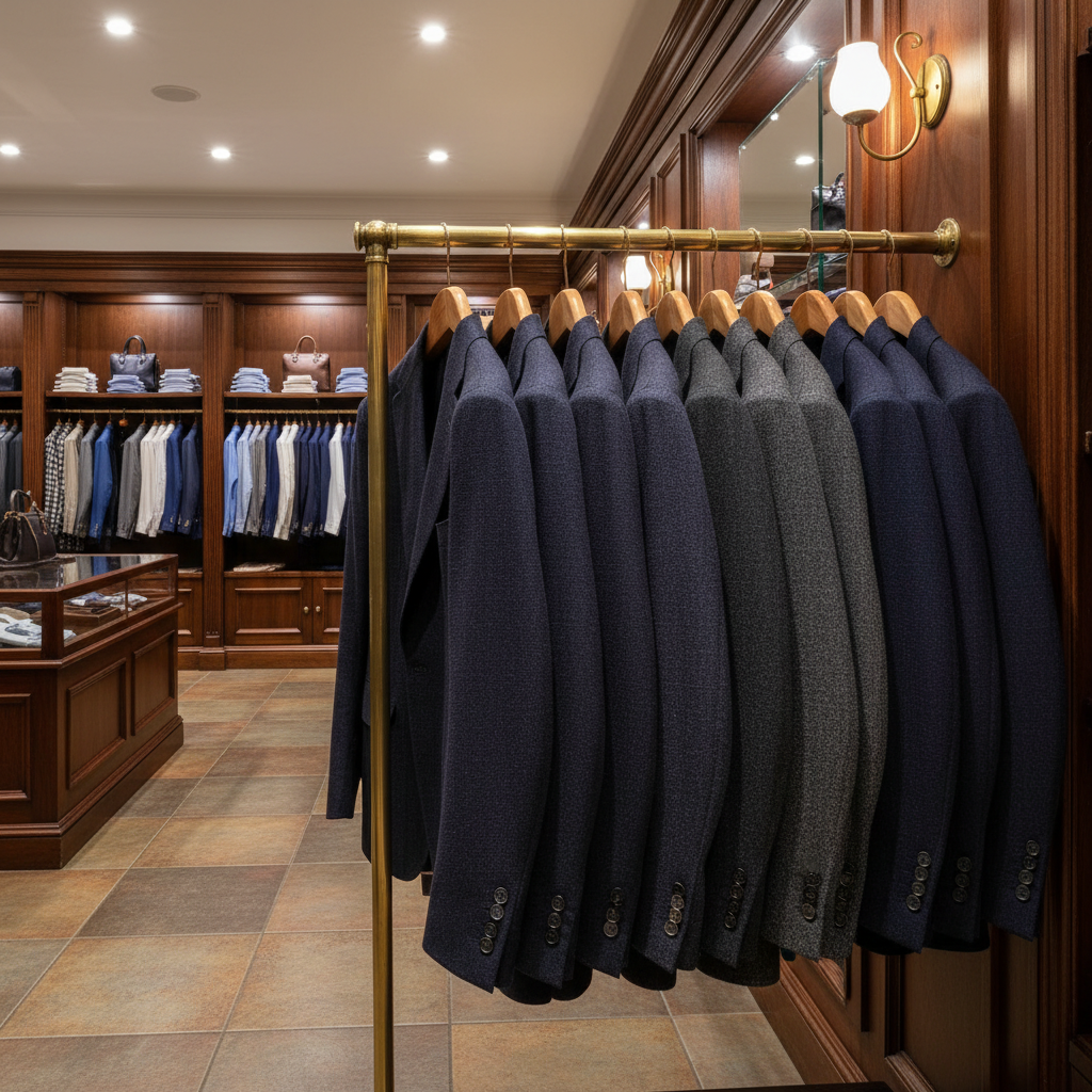 A rack of wool suit jackets in navy and charcoal inside a traditional menswear shop, brass rail and timber panelling, warm shop lighting, square framing, no people, no text, no signage