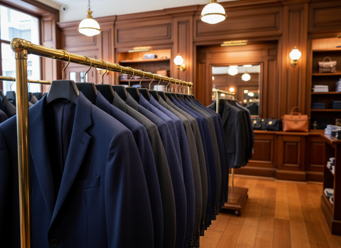 A rack of wool suit jackets in navy and charcoal on a brass rail inside a traditional menswear shop, timber panelling, warm shop lighting, no people, no text, no signage