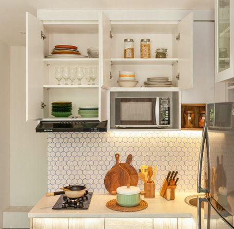 modern white kitchen with timber benchtop