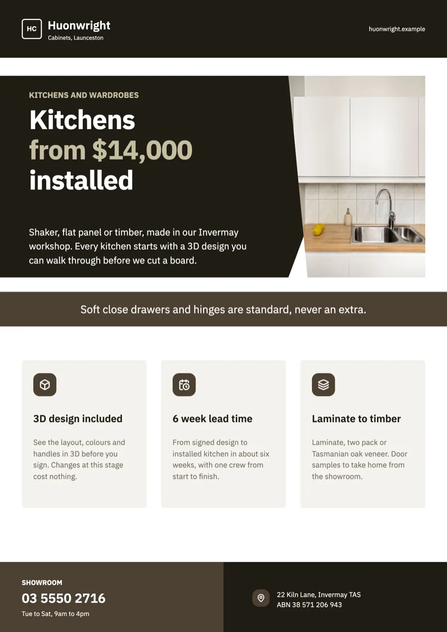 Cabinet maker flyer for kitchens and wardrobes in Launceston example