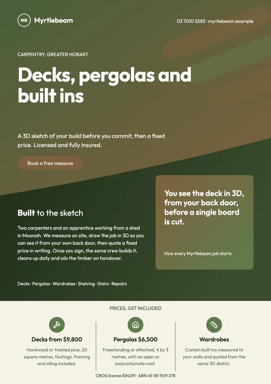 Carpenter flyer for decks, pergolas and built ins example