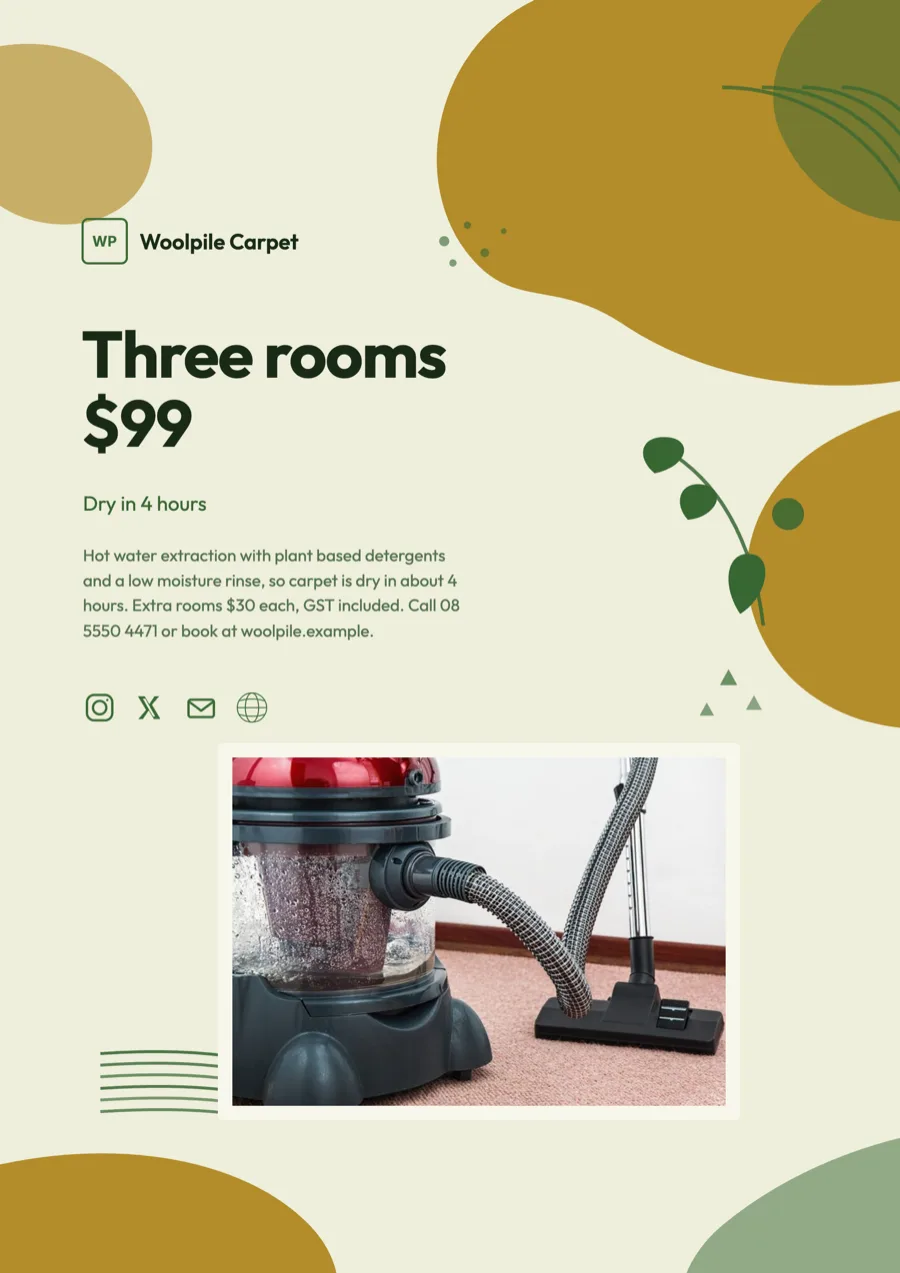 Carpet cleaning flyer with a three rooms offer and a stain guide example