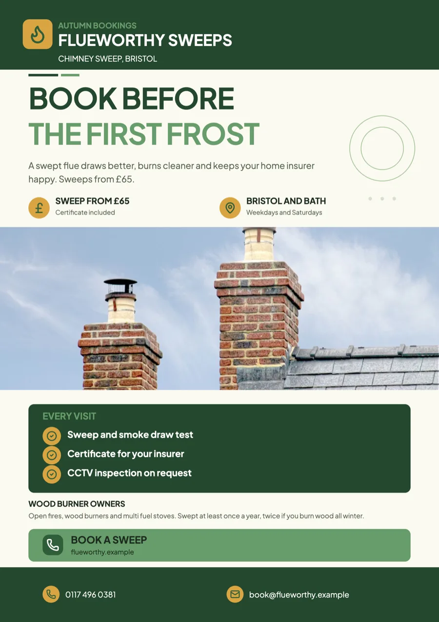 Chimney sweep flyer for an autumn fireplace service in Bristol example