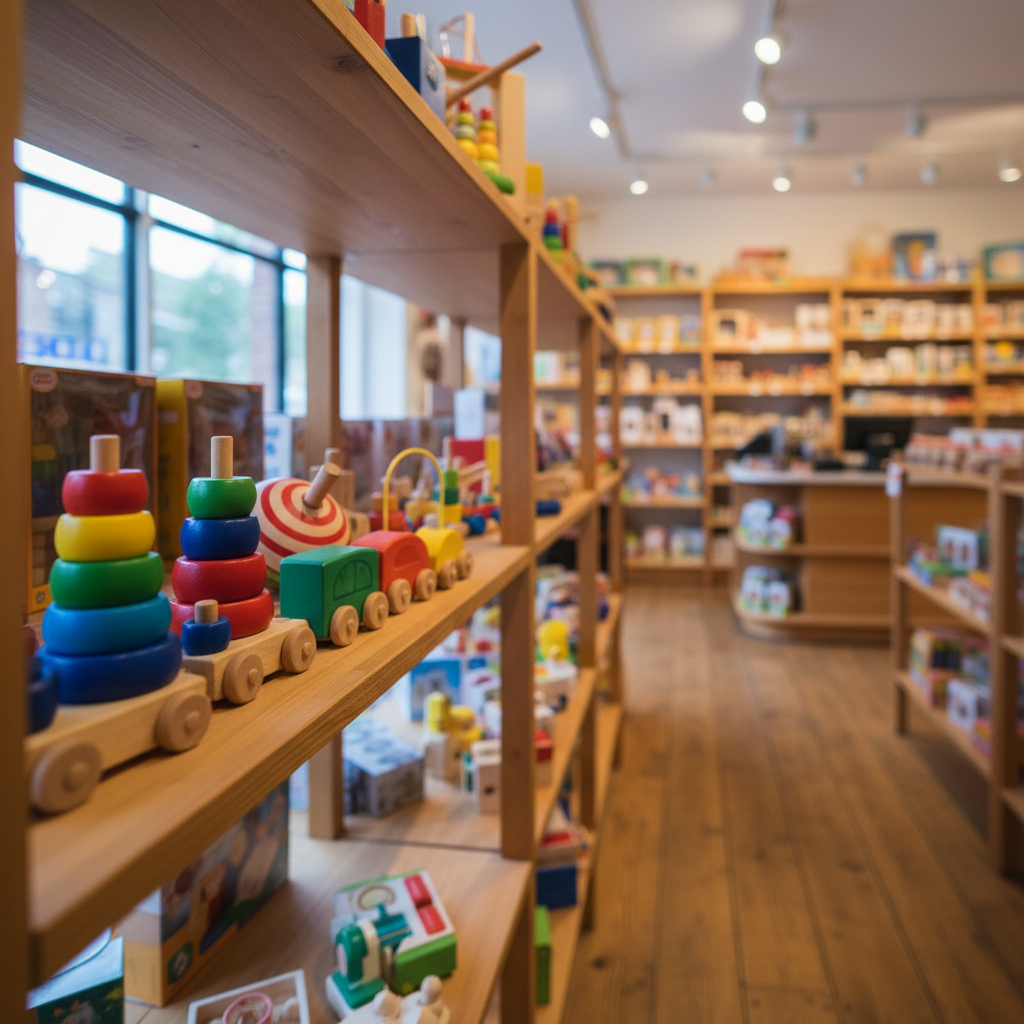 A shelf of wooden toys in an independent toy shop, painted stacking rings, a spinning top and a small wooden train, warm shop lighting, more shelves softly out of focus behind, square framing, no people, no text, no signage