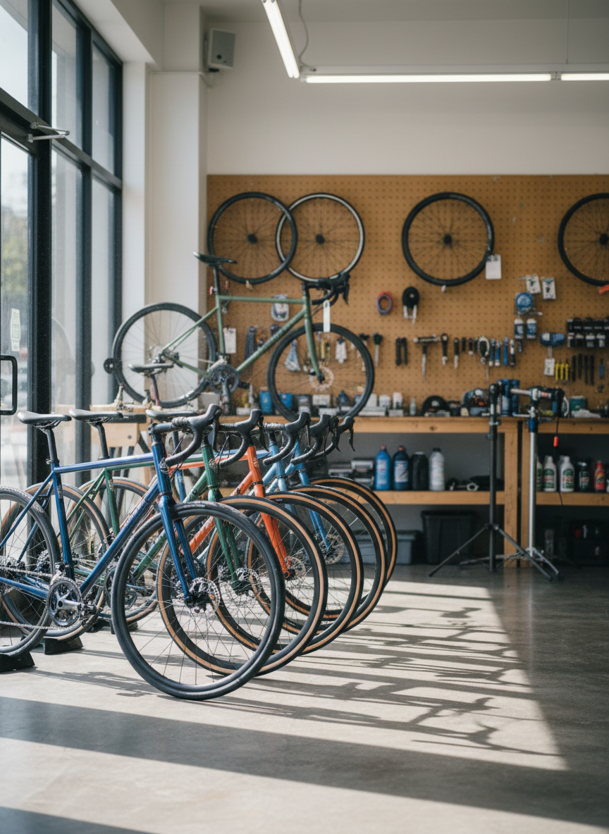 A row of new road and gravel bicycles standing in a bright independent bike shop, workshop stands and wheels on the wall behind, daylight through a shopfront window, tall vertical framing, no people, no text, no signage