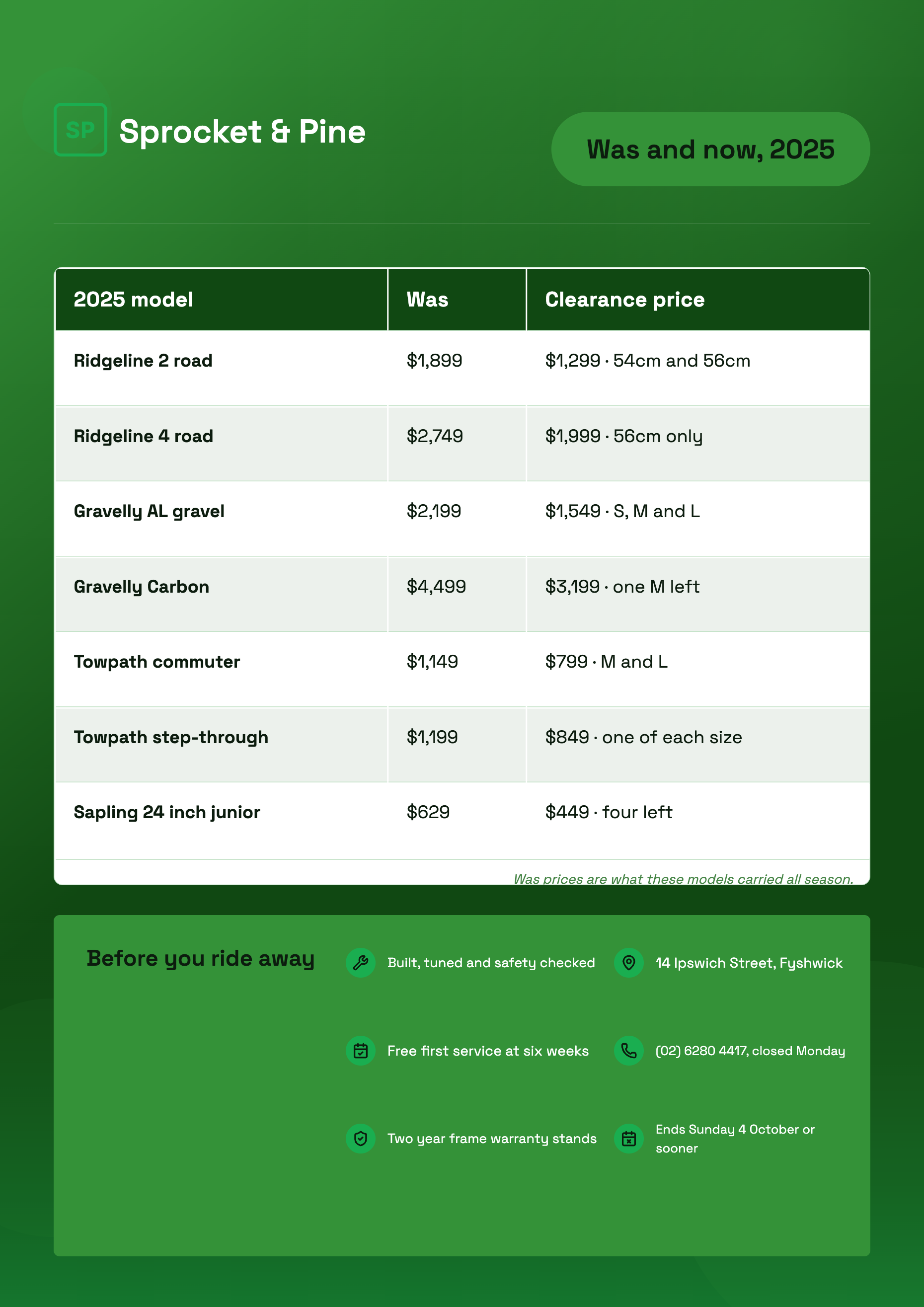 A bike clearance flyer with a three column table listing seven models, their old price and their clearance price