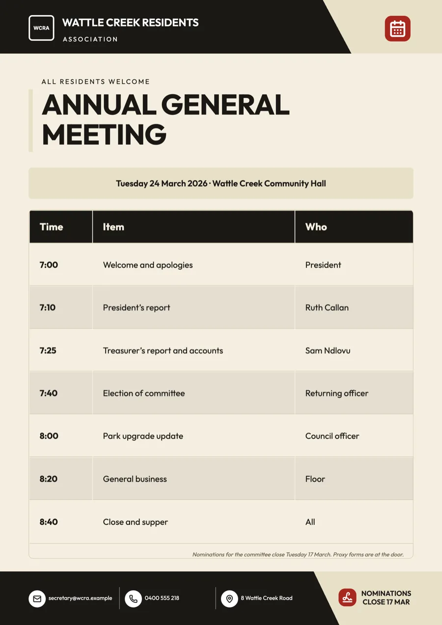 Community meeting flyer for a residents association example