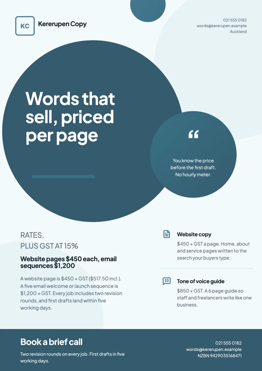 Copywriter flyer for website copy and email packages example