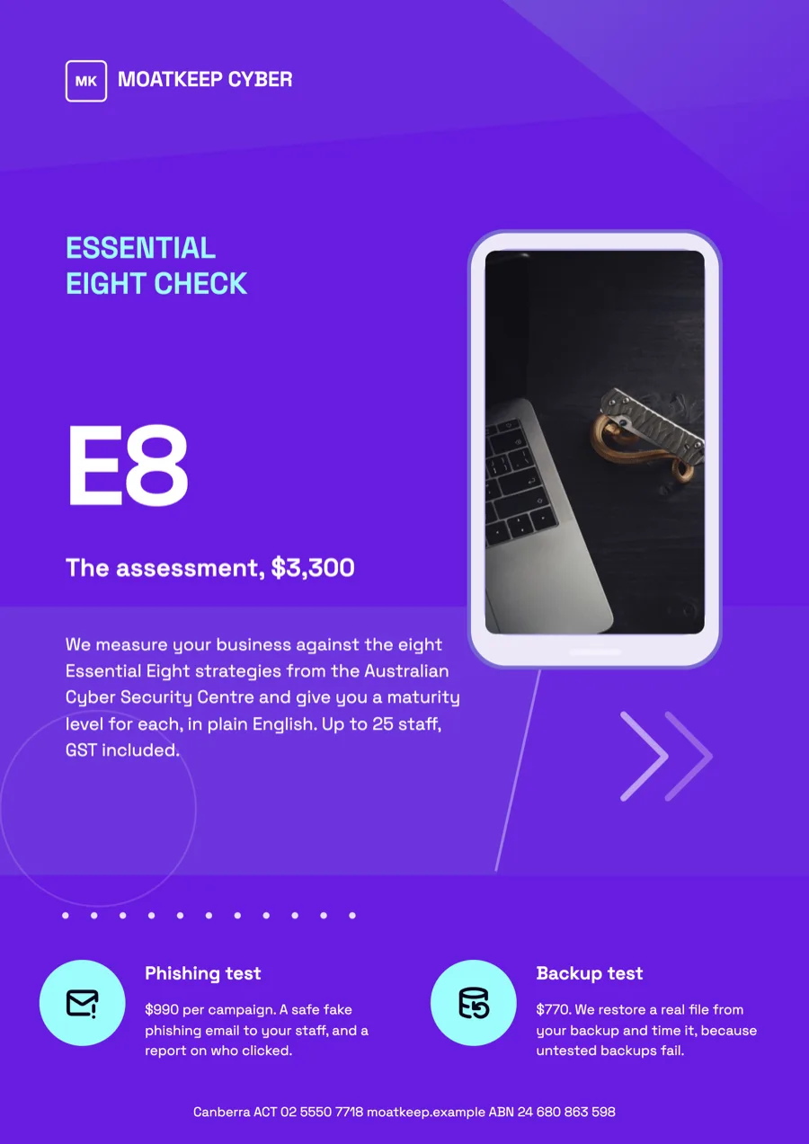 Cyber security services flyer with an Essential Eight assessment offer example
