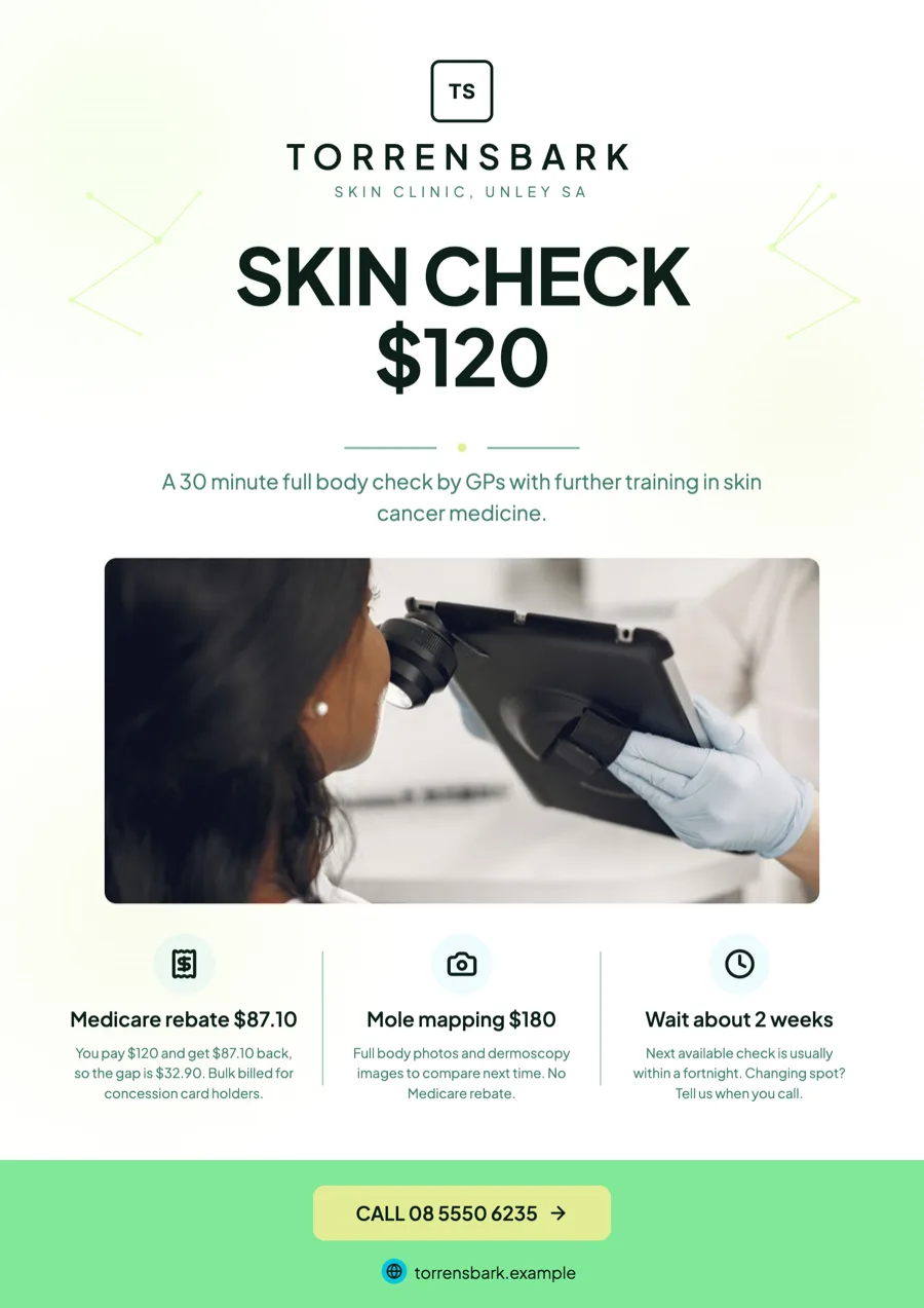 Skin clinic flyer with a full body skin check offer example