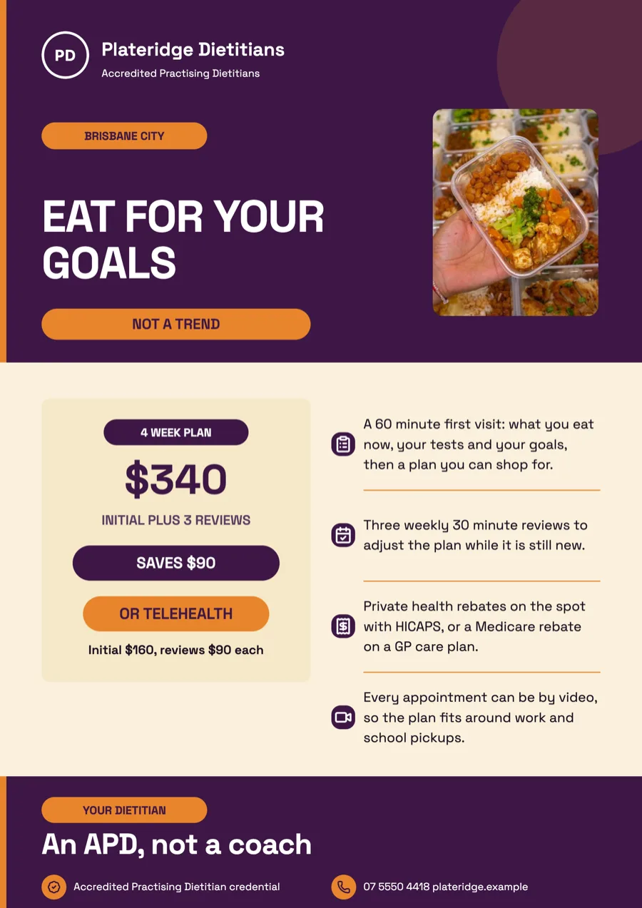 Dietitian flyer for meal plans, gut health and rebates example