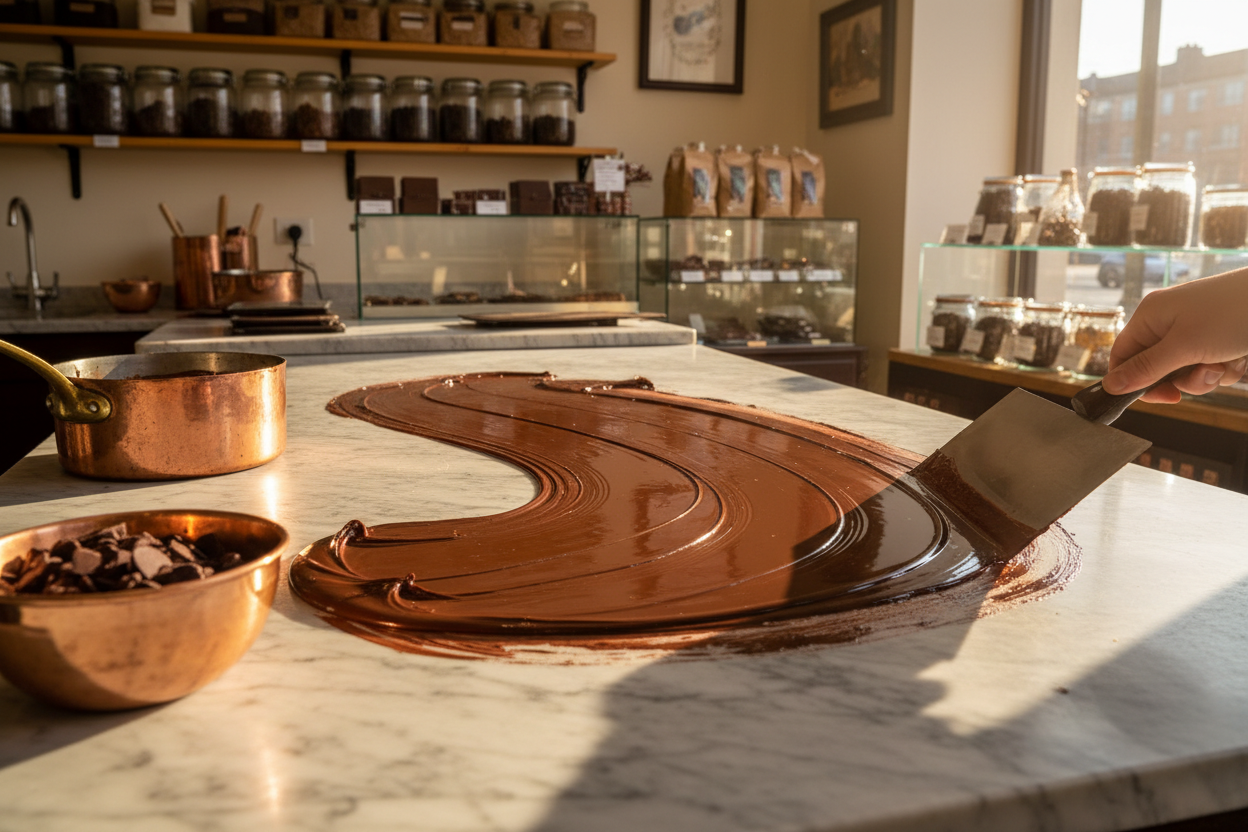 A chocolatier's marble bench in a small shop with tempered dark chocolate being spread, a scraper and a copper pan at the edge, warm window light, wide landscape framing, no people, no text, no signage