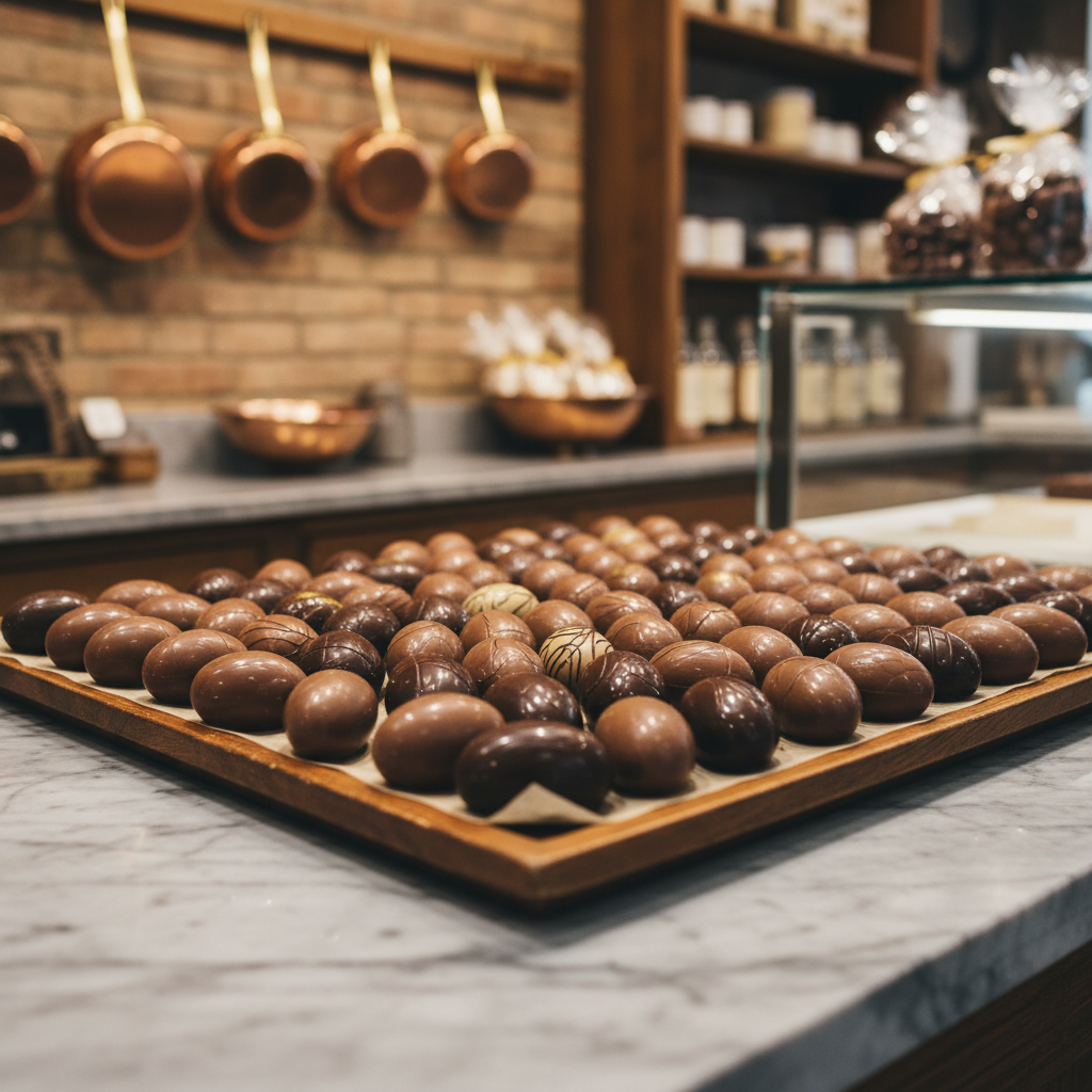 A tray of hand filled chocolate Easter eggs in a small chocolate shop, glossy dark and milk shells lined up on baking paper, warm shop lighting, marble bench and copper pans behind, square framing, no people, no text, no signage