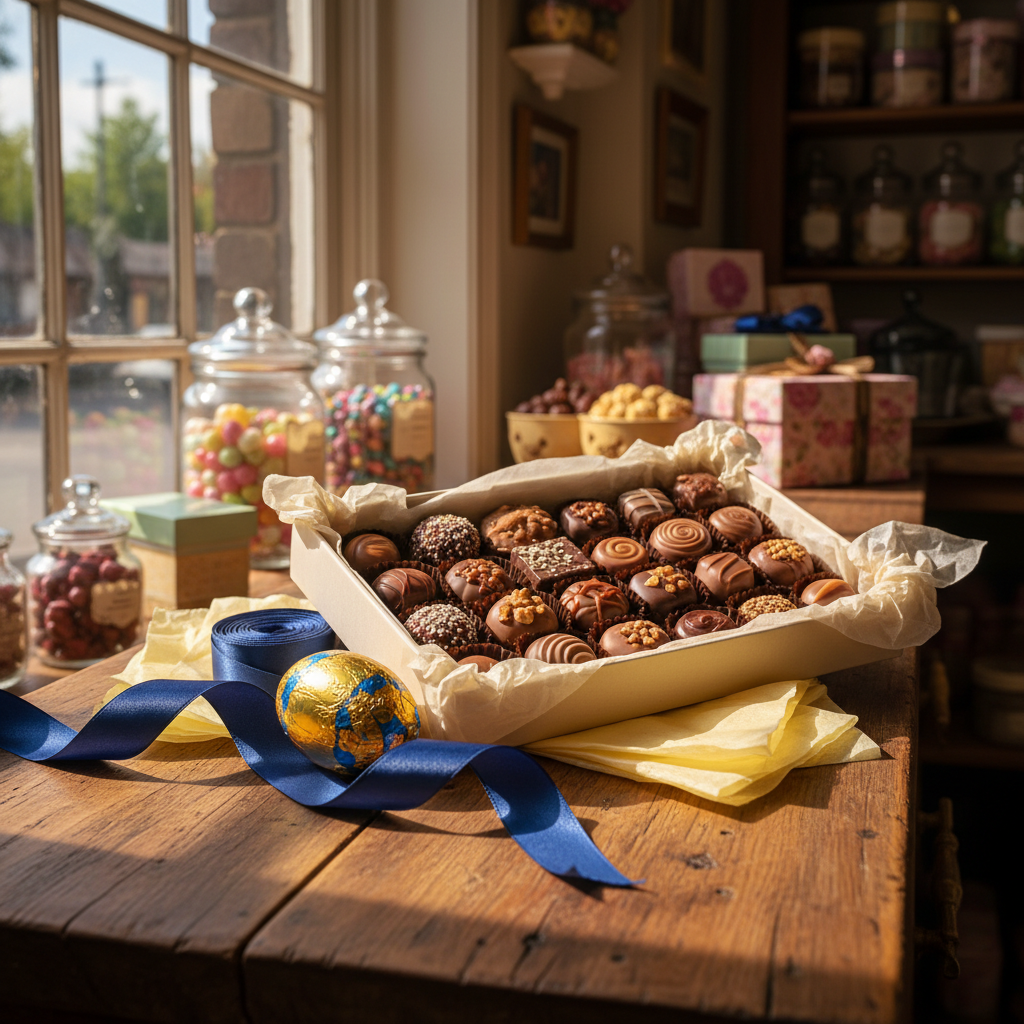 An open lined gift box of assorted chocolates and a wrapped Easter egg resting on a shop counter, ribbon and tissue paper beside it, warm daylight through a shopfront window, no people, no text, no signage