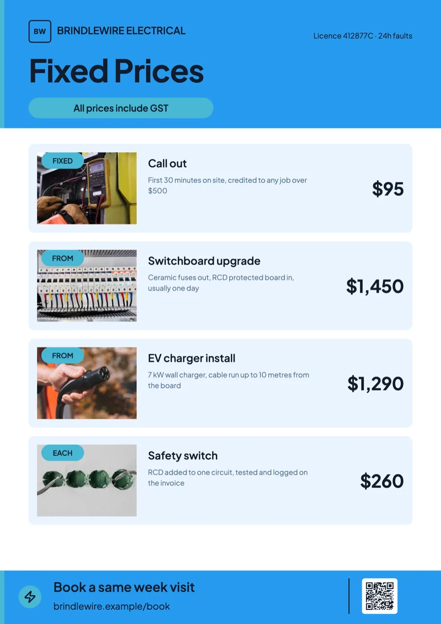 Electrician flyer with a call out fee, prices and a licence number example