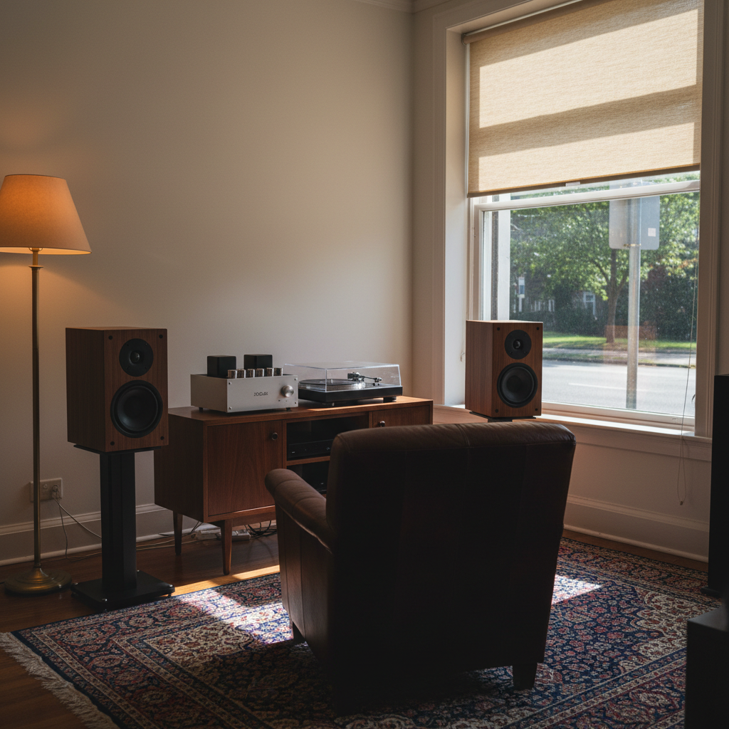 A hi-fi demonstration room in a regional shop, walnut speaker cabinets on stands either side of a low sideboard holding an amplifier and a turntable, a leather listening chair, warm lamp light and a large window with the blind half drawn, square framing, no people, no text, no signage