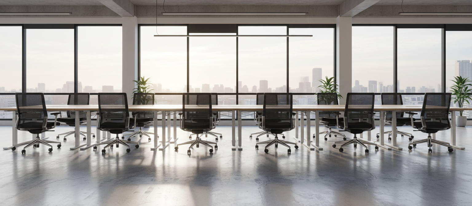 A row of ergonomic mesh task chairs and pale oak sit stand desks arranged in a bright open plan office, tall windows and a polished concrete floor, morning daylight, wide panoramic framing, no people, no text, no signage