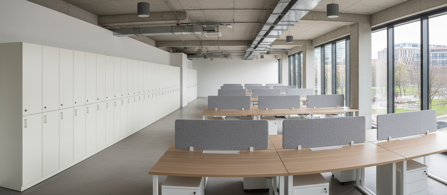 A newly fitted open plan office with pale oak desks, felt acoustic screens and a row of storage lockers along one wall, daylight from a bank of windows, wide panoramic framing, no people, no text, no signage