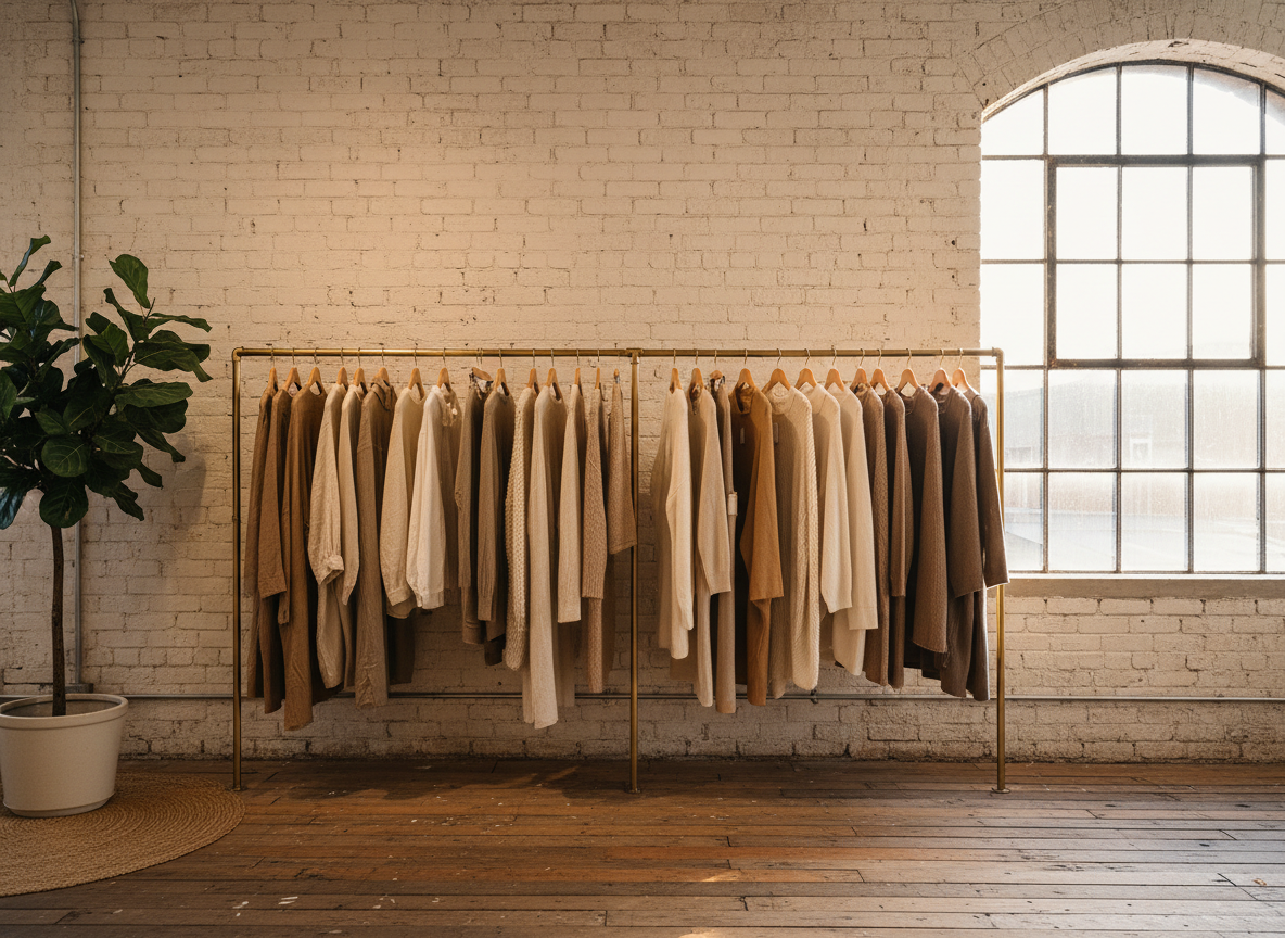 Interior of a small womenswear boutique in a converted brick warehouse, a brass rail of linen coats and knitwear along a whitewashed wall, a worn timber floor and a tall arched window throwing late afternoon light across the racks, wide framing, no people, no text, no signage
