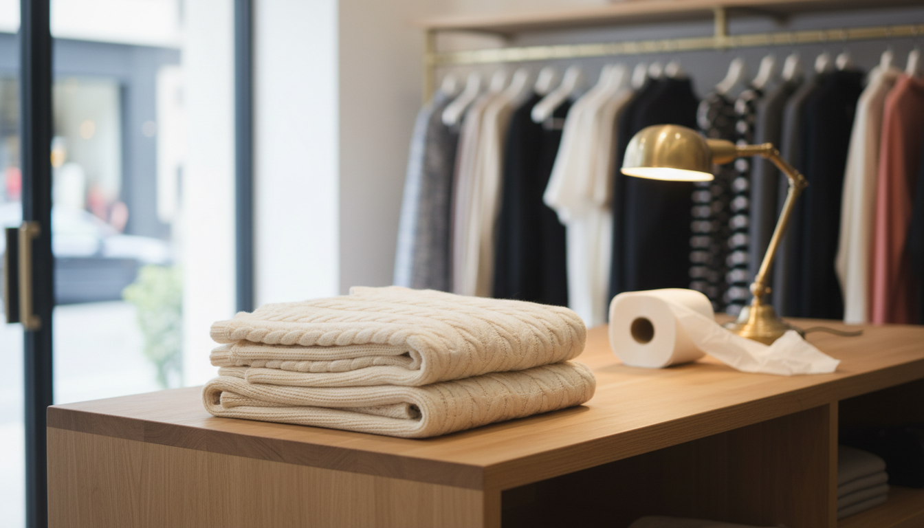 A boutique counter of pale timber with folded knitwear stacked beside a roll of tissue paper and a small brass lamp, soft daylight from a shopfront window, blurred clothing rail in the background, wide horizontal framing, no people, no text, no signage