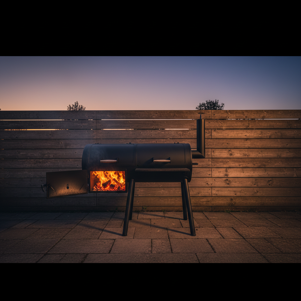 A black offset smoker with its firebox open and coals glowing, standing on a paved yard at dusk, timber fence behind, no people, no text, no signage