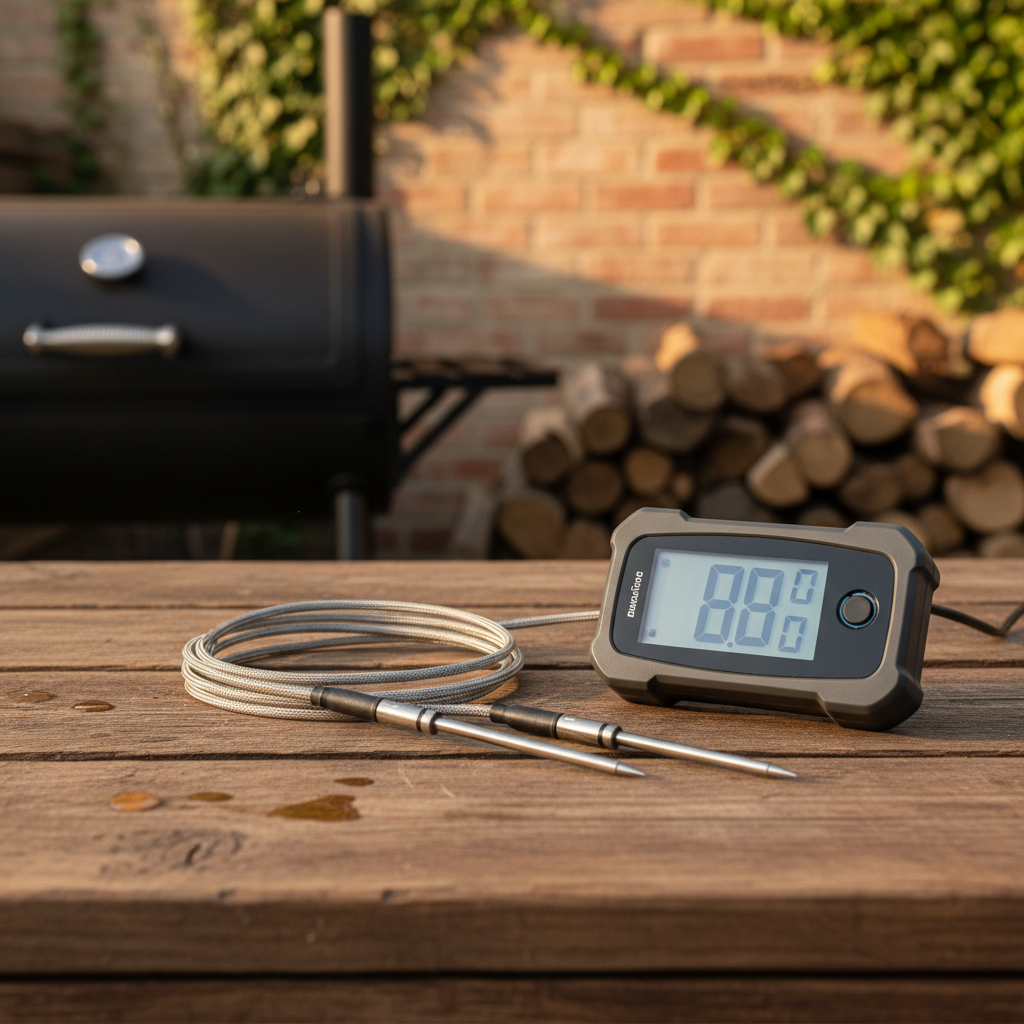 A dual probe digital barbecue thermometer with its leads coiled on a timber bench, warm light, close crop, no people, no text, no signage