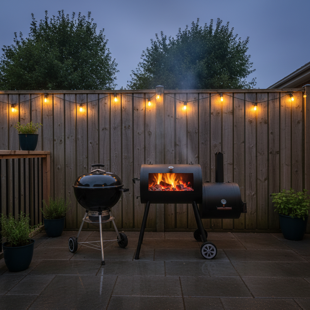 A charcoal kettle barbecue and a black offset smoker standing on a paved back deck at dusk, coals glowing in the open firebox, timber fence behind, no people, no text, no signage
