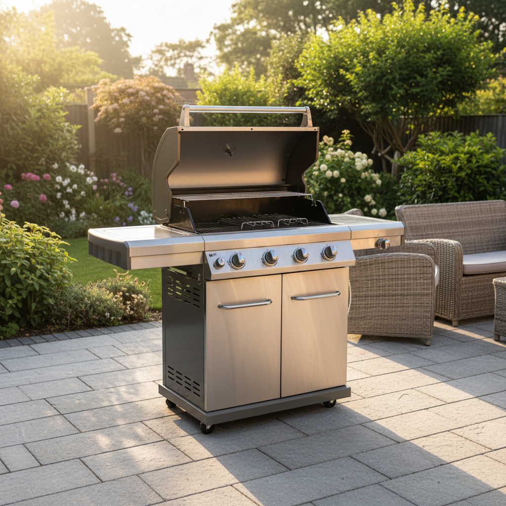 A hooded four burner gas barbecue with the lid raised on a paved back deck, morning light, no people, no text, no signage