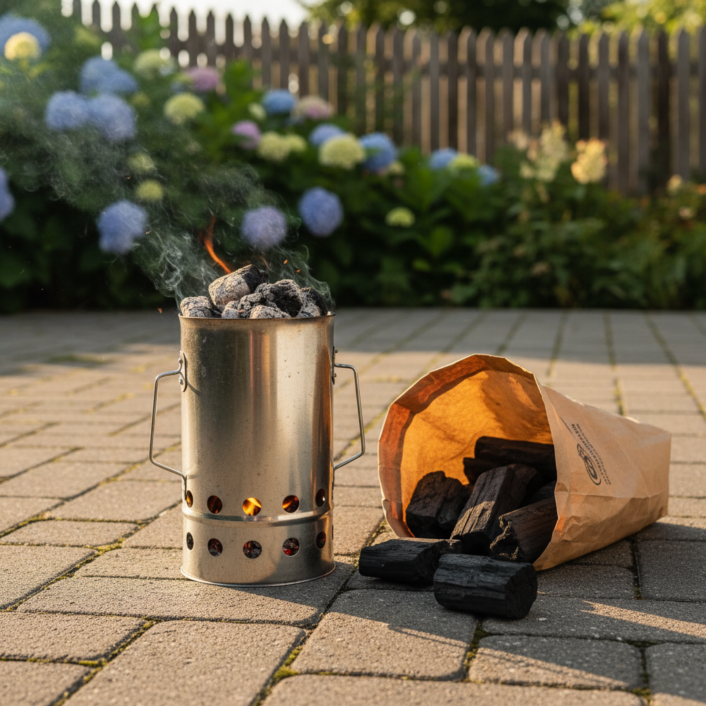 A charcoal chimney starter standing on a paved surface beside a bag of lump charcoal, warm afternoon light, close crop, no people, no text, no signage