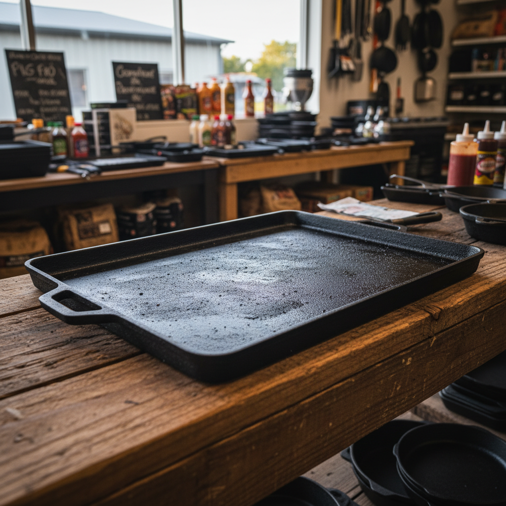 A seasoned cast iron griddle plate resting on a timber bench in a barbecue shop, warm light, close crop, no people, no text, no signage