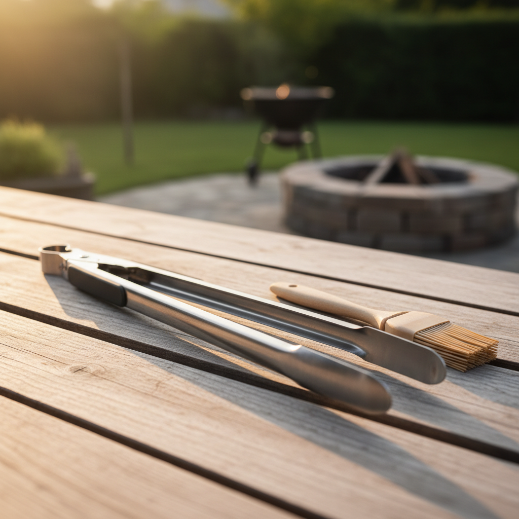 A pair of long stainless barbecue tongs and a basting brush lying on a timber bench, warm light, close crop, no people, no text, no signage