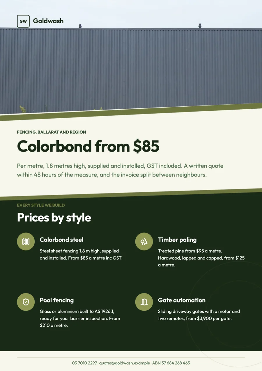 Fencing flyer example with per metre prices by style example