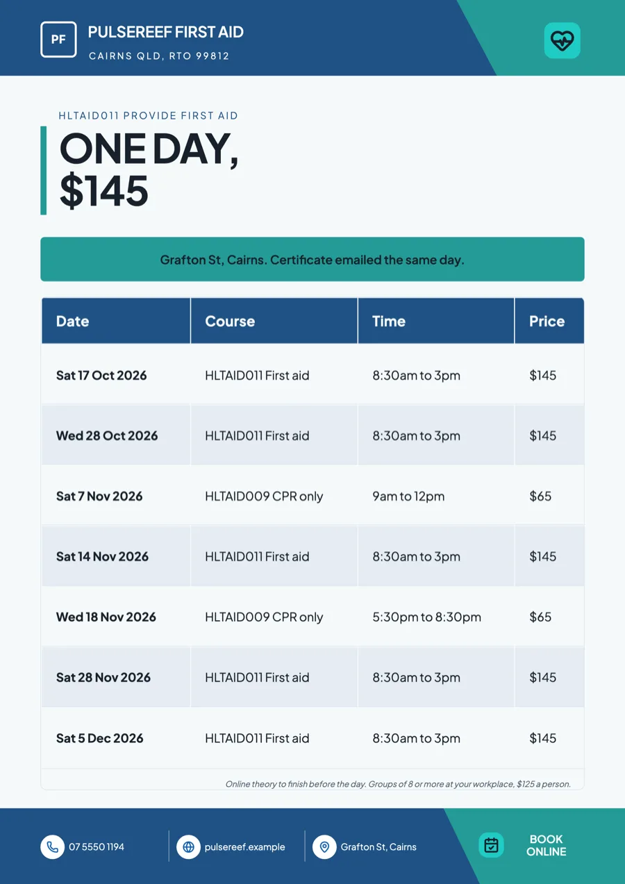 First aid course flyer with dates, price and the unit code example