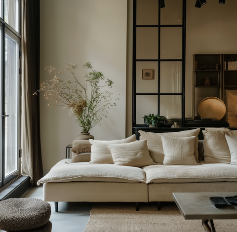 living room with large windows and linen sofa