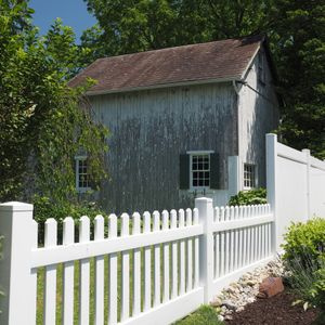 backyard lawn with garden beds and fence